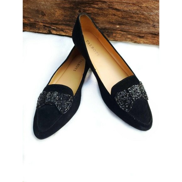 Talbots Shoes - Talbots Francesca Black Flats Loafer Driving Moccasins Beaded Bow Leather Suede